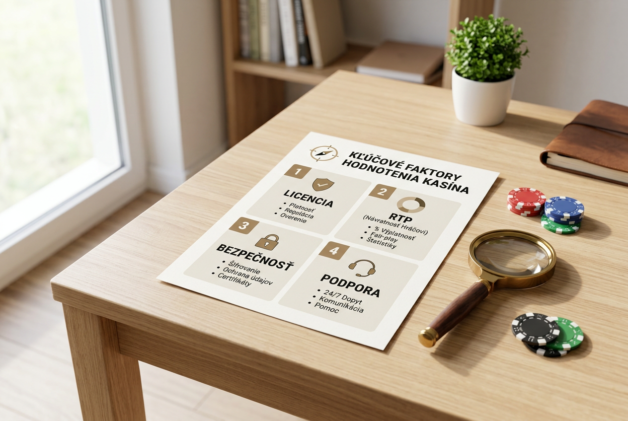 Infografika metodiky hodnotenia casino hier s lupou a dokumentmi