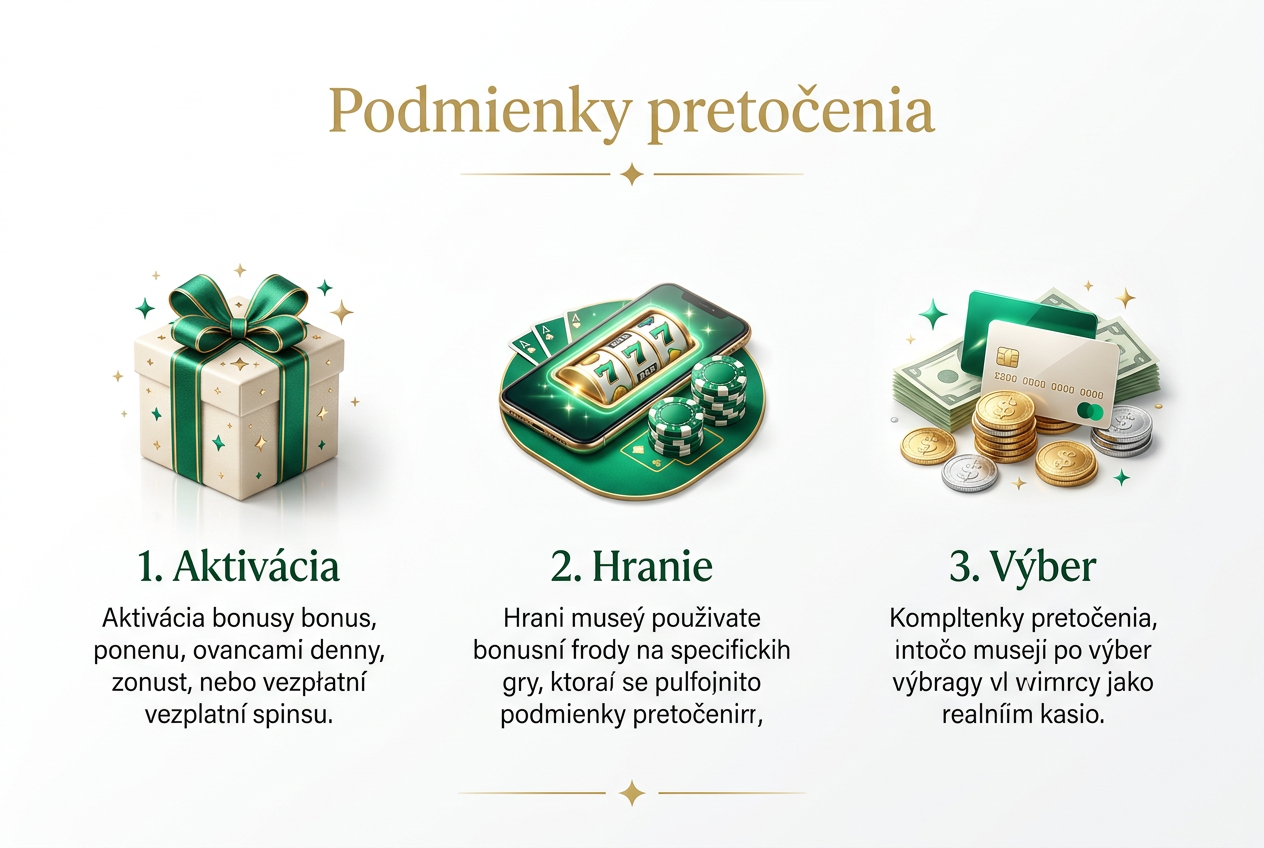 Infografika vysvetľujúca 3 kroky k splneniu podmienok pretočenia bonusu
